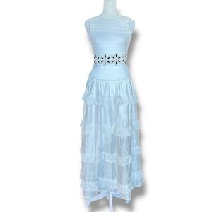 VGU White Lace Tiered Maxi Dress M Cottage Fairycore Prairie Resort Romantic NWT